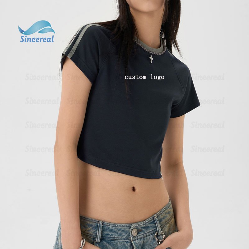 New Fashion Crewneck Slim Fit Women'S Rib Letter Print Fashion Unique Pearl Decoration Collar Cropped T-Shirt Tops