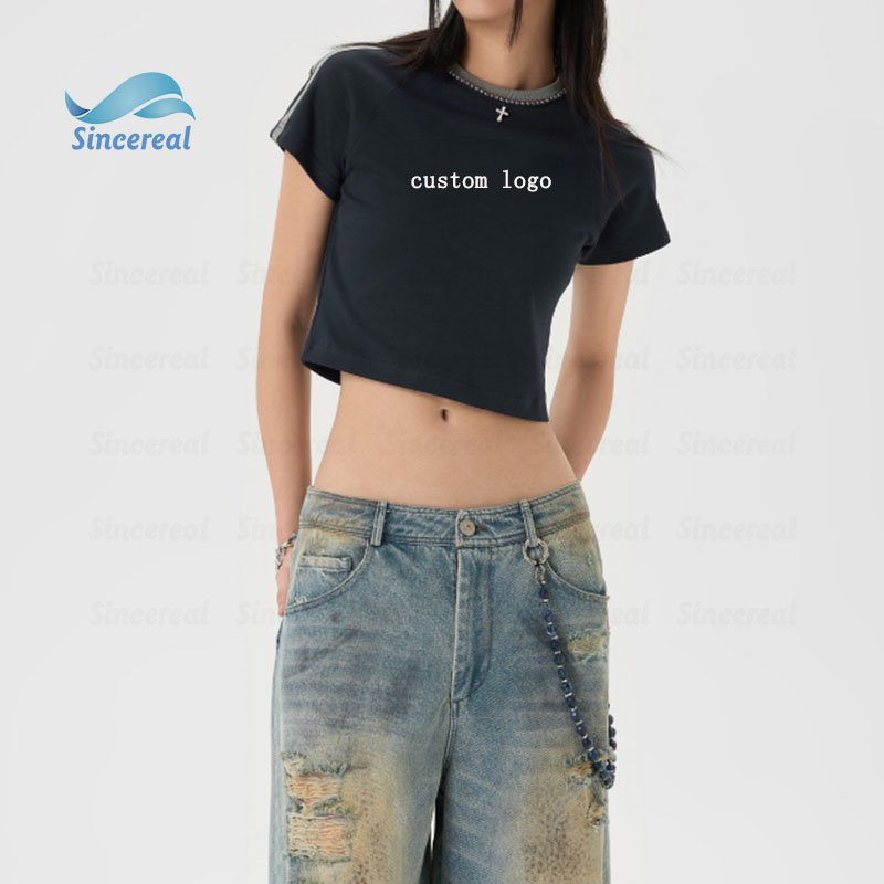 New Fashion Crewneck Slim Fit Women'S Rib Letter Print Fashion Unique Pearl Decoration Collar Cropped T-Shirt Tops