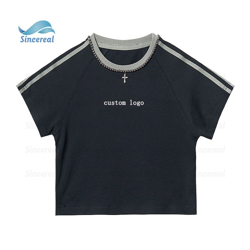 New Fashion Crewneck Slim Fit Women'S Rib Letter Print Fashion Unique Pearl Decoration Collar Cropped T-Shirt Tops