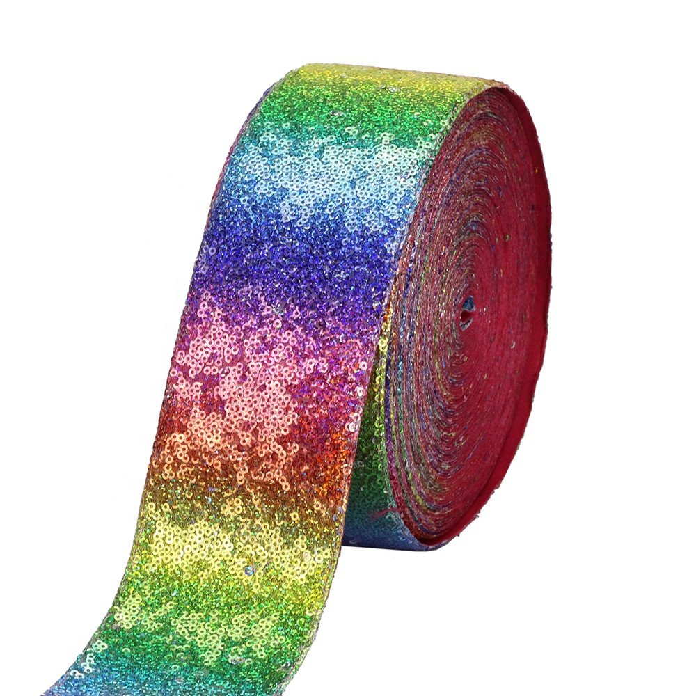New Design 3 Inch 75mm Rainbow Sparkly Fabric Glitter Sequin Lace Ribbon