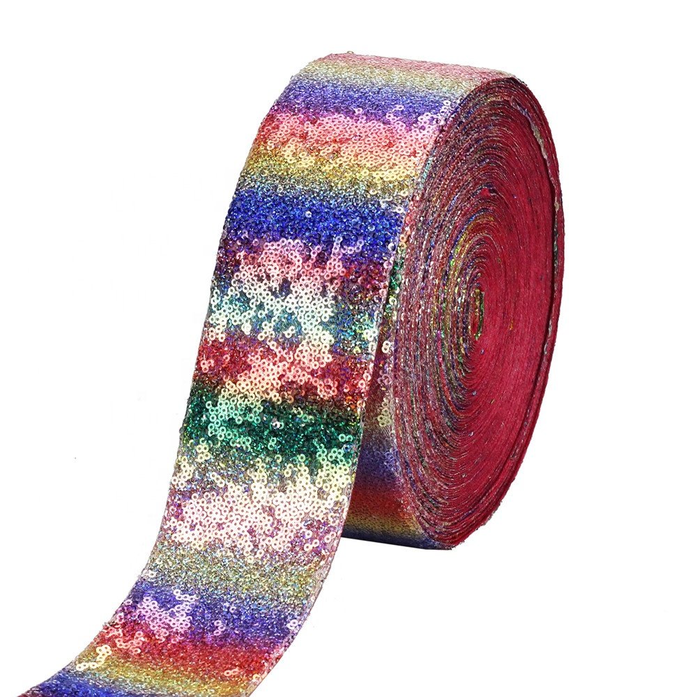 New Design 3 Inch 75mm Rainbow Sparkly Fabric Glitter Sequin Lace Ribbon
