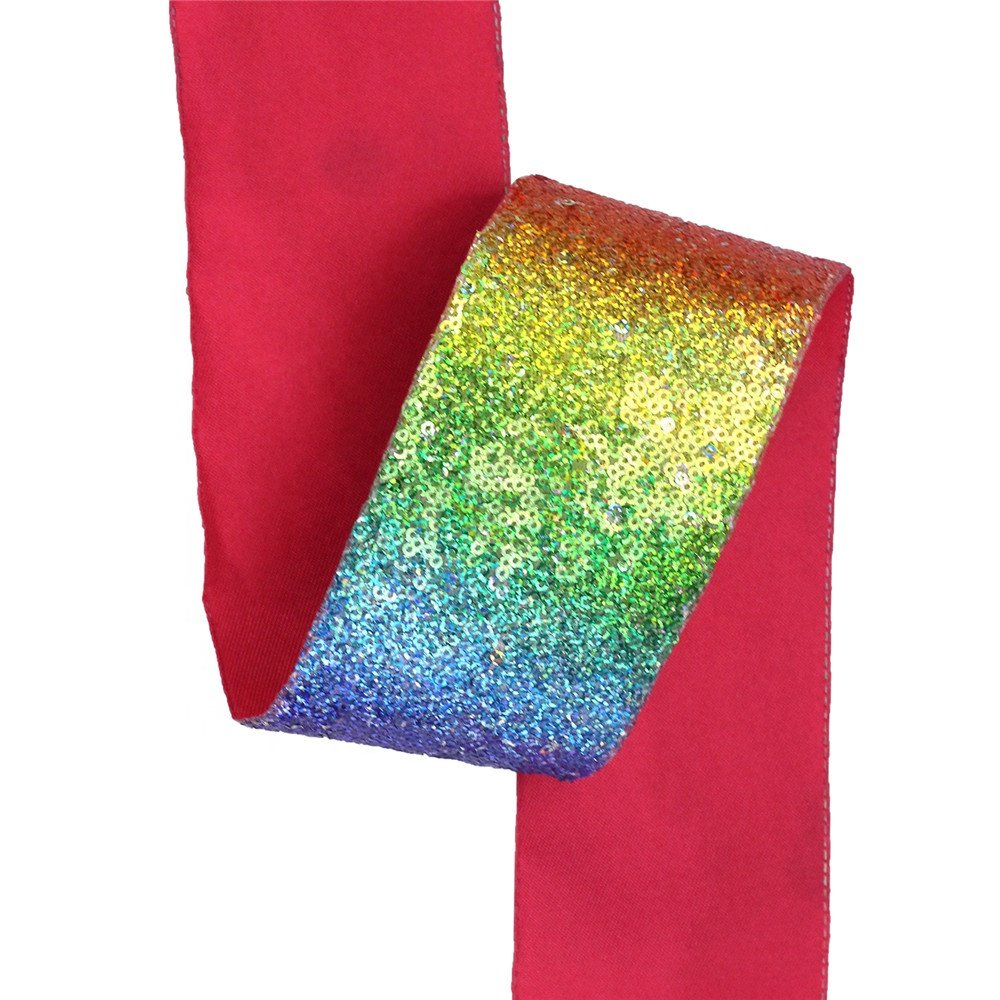 New Design 3 Inch 75mm Rainbow Sparkly Fabric Glitter Sequin Lace Ribbon