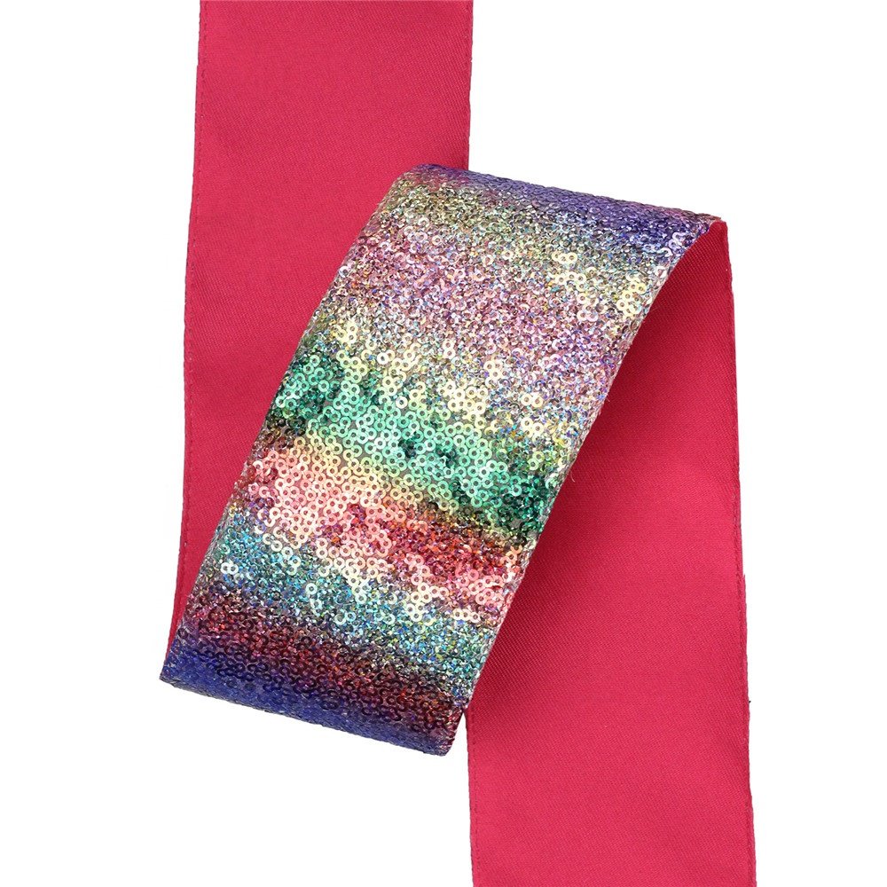 New Design 3 Inch 75mm Rainbow Sparkly Fabric Glitter Sequin Lace Ribbon