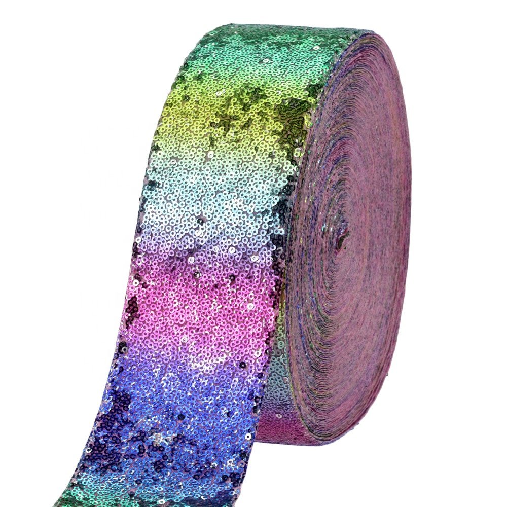 New Design 3 Inch 75mm Rainbow Sparkly Fabric Glitter Sequin Lace Ribbon