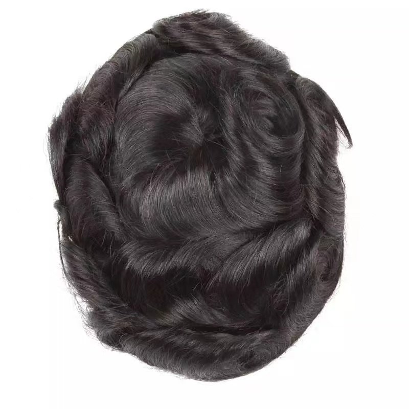 100% real human hair lace with PU Australian base wave Men's Hair Replacement System natural black color wave Toupee for Men