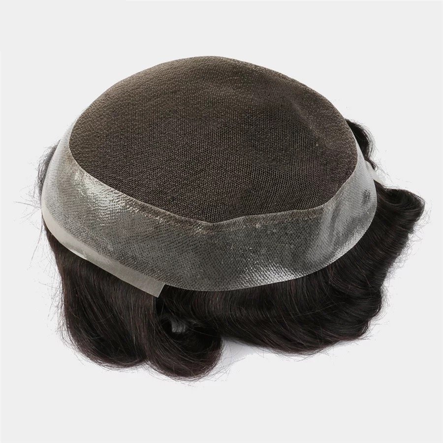 100% real human hair lace with PU Australian base wave Men's Hair Replacement System natural black color wave Toupee for Men