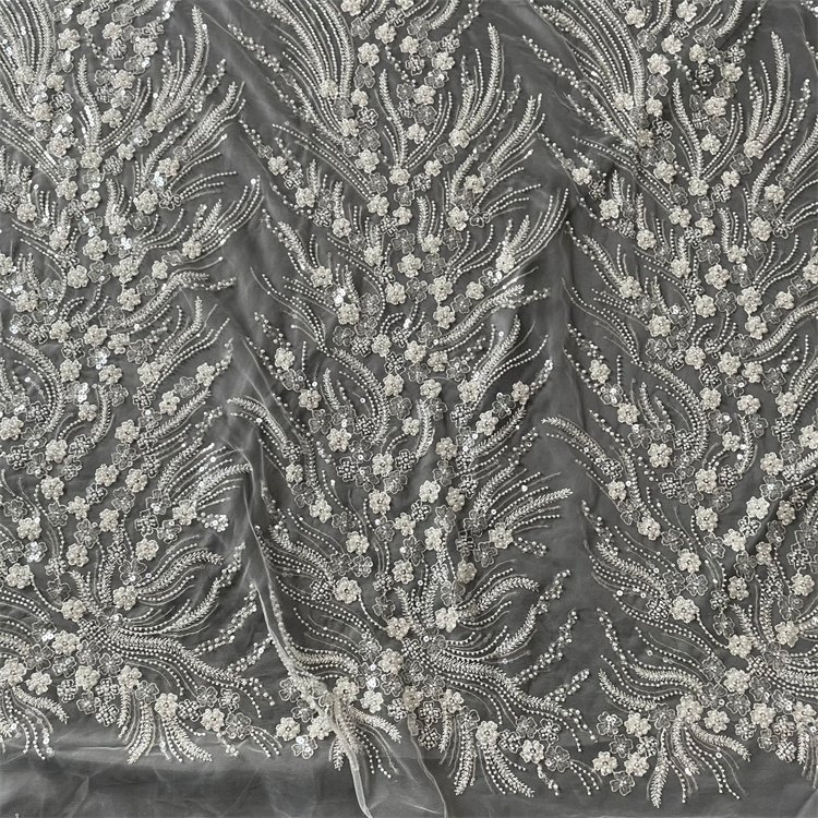 Factory Custom Wholesale White Beads Floral Embroidery Fabric For Wedding Dress Lace