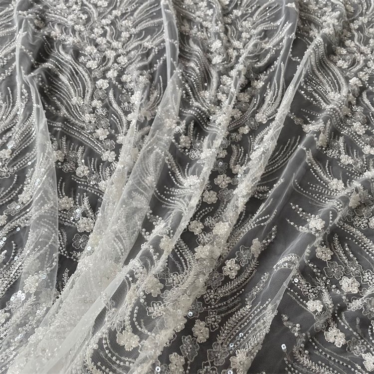 Factory Custom Wholesale White Beads Floral Embroidery Fabric For Wedding Dress Lace