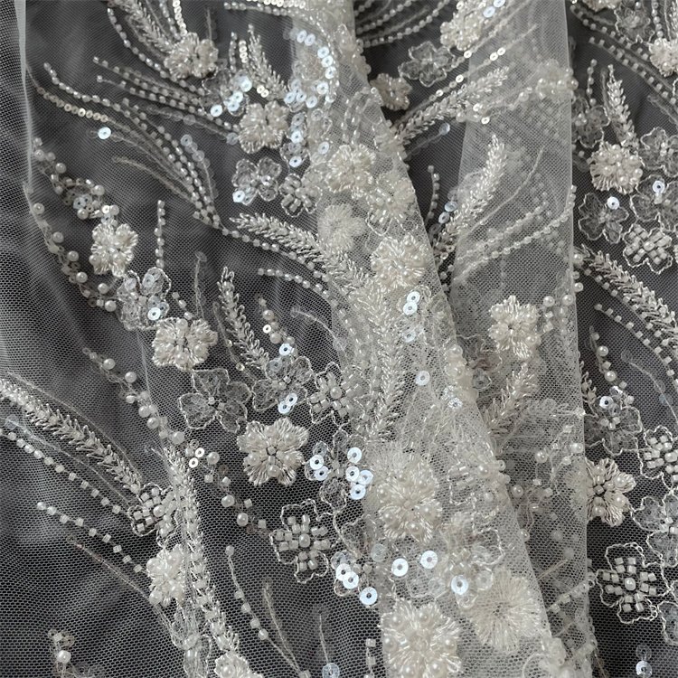 Factory Custom Wholesale White Beads Floral Embroidery Fabric For Wedding Dress Lace
