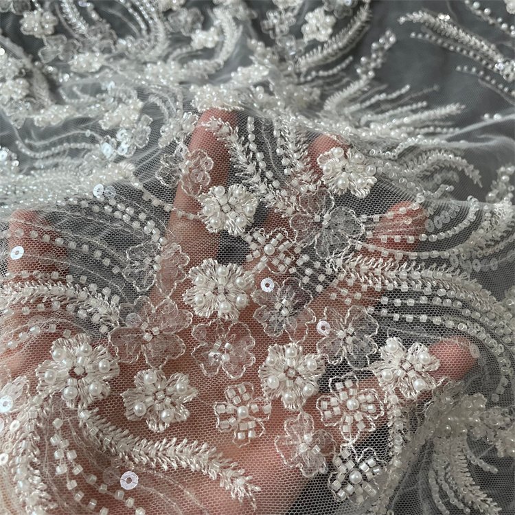 Factory Custom Wholesale White Beads Floral Embroidery Fabric For Wedding Dress Lace