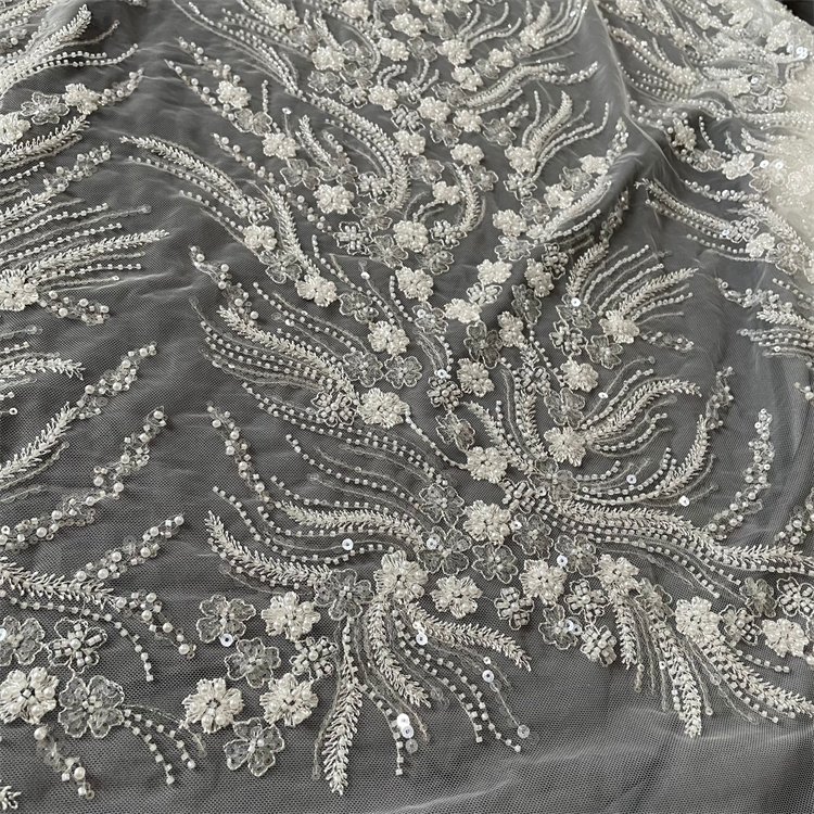 Factory Custom Wholesale White Beads Floral Embroidery Fabric For Wedding Dress Lace