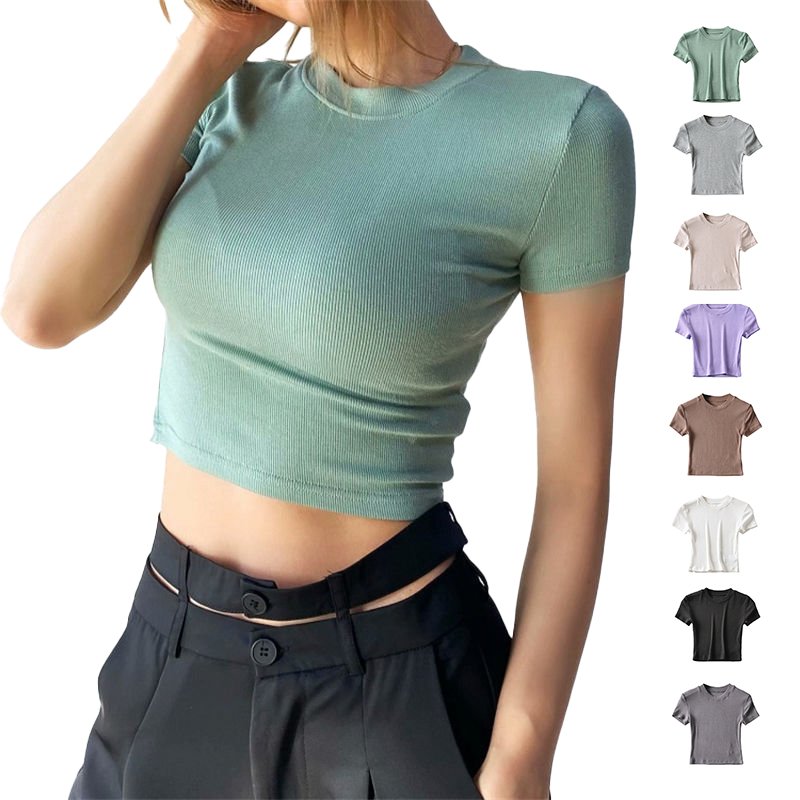 Custom Printing Hot Selling Women's Crop Top Tshirt Logo Short Sleeves Slim T-Shirt for Women Casual Knitted White T-Shirt