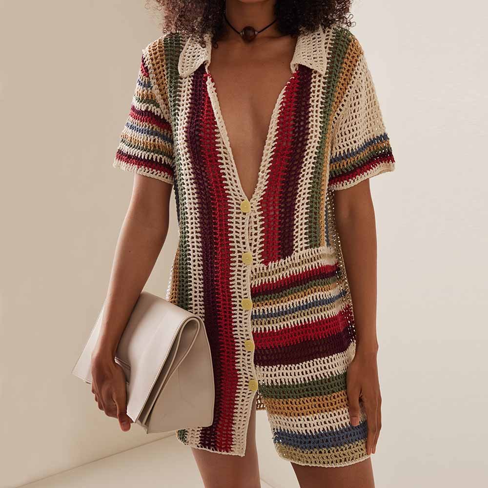Knitwear Manufacturer Custom Spring Autumn Crochet Knit Multi Color Button Down Mesh Short Sleeve Polo Knitted Cotton Mini Dress