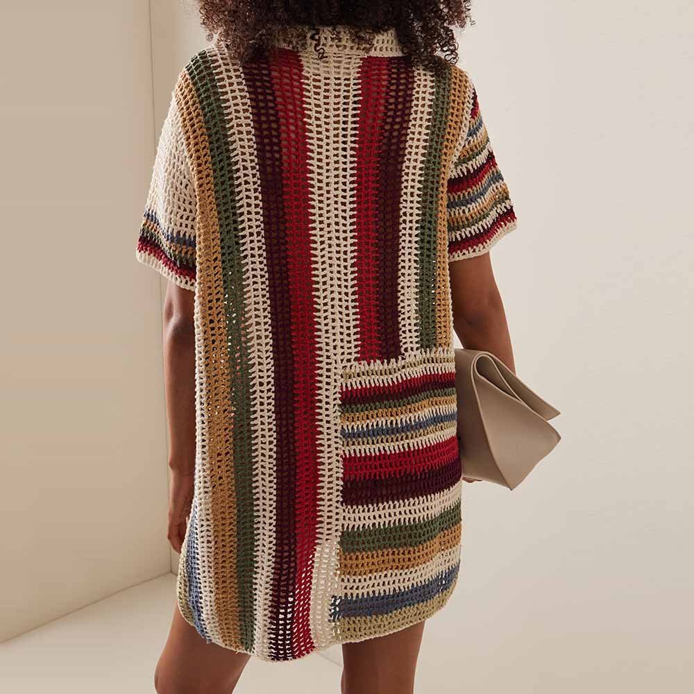 Knitwear Manufacturer Custom Spring Autumn Crochet Knit Multi Color Button Down Mesh Short Sleeve Polo Knitted Cotton Mini Dress