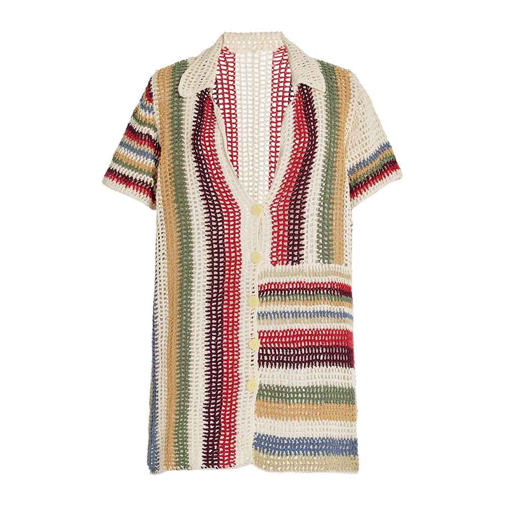 Knitwear Manufacturer Custom Spring Autumn Crochet Knit Multi Color Button Down Mesh Short Sleeve Polo Knitted Cotton Mini Dress