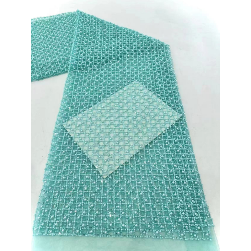 YZ Factory Price Heavy Green Bridal Embroidery Beaded Lace Fabric African Beads Sequin Lace Fabric for Women Dress