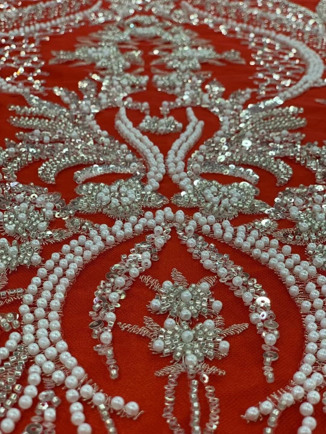 NI.AI Fuchsia Red color with full pearls Black Luxury Sequins Heavy Hand Beaded Embroidery Wedding Bridal Lace Fabric LY4382