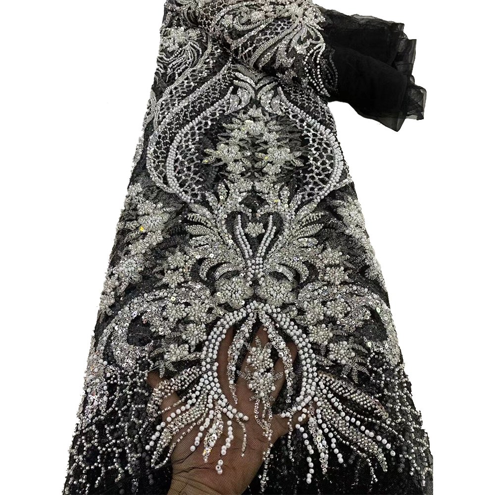 NI.AI Fuchsia Red color with full pearls Black Luxury Sequins Heavy Hand Beaded Embroidery Wedding Bridal Lace Fabric LY4382