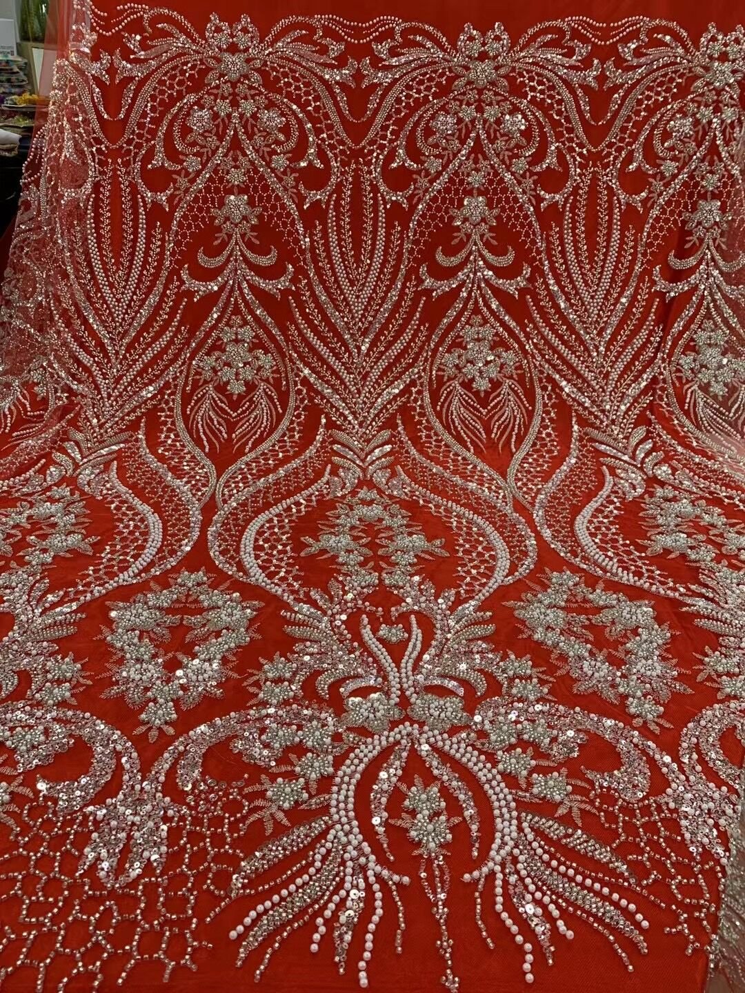 NI.AI Fuchsia Red color with full pearls Black Luxury Sequins Heavy Hand Beaded Embroidery Wedding Bridal Lace Fabric LY4382