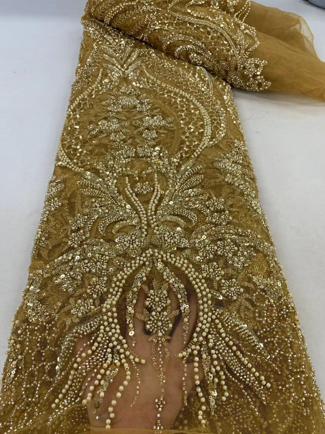 NI.AI Fuchsia Red color with full pearls Black Luxury Sequins Heavy Hand Beaded Embroidery Wedding Bridal Lace Fabric LY4382