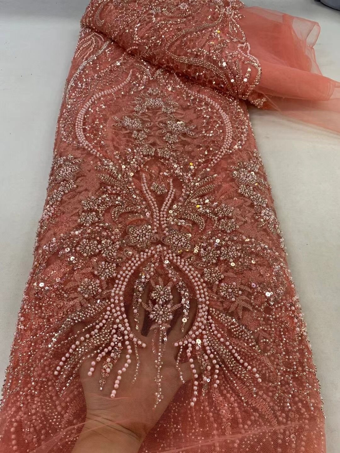 NI.AI Fuchsia Red color with full pearls Black Luxury Sequins Heavy Hand Beaded Embroidery Wedding Bridal Lace Fabric LY4382