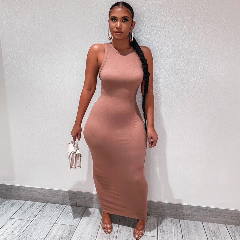 Best Selling Women's Elegant Ribbed Bodycon Sleeveless Tank Dresses Slim Elegent knitted Long Dress