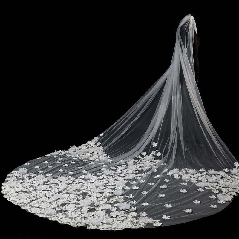Shenglan Fashion Bridal Veil 4 Meter Long Lace Edge Wedding Veil Flower Embroidered Wedding Dress Bridal Gown