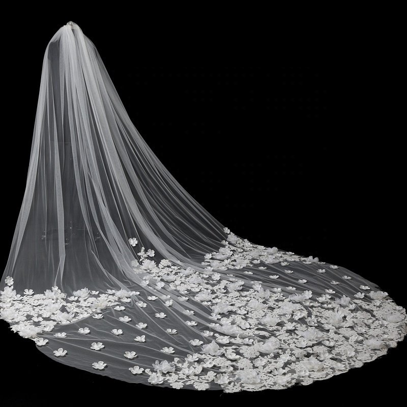 Shenglan Fashion Bridal Veil 4 Meter Long Lace Edge Wedding Veil Flower Embroidered Wedding Dress Bridal Gown
