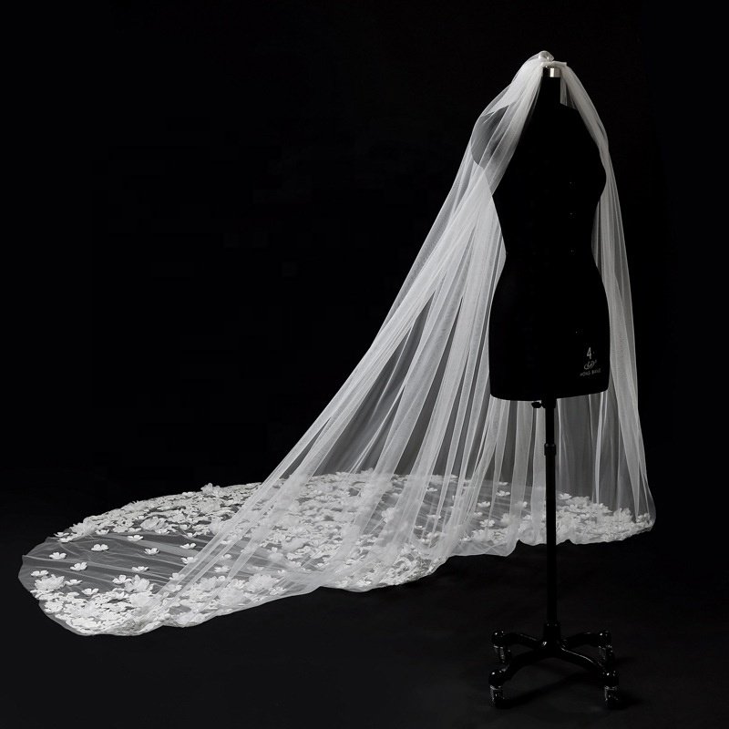 Shenglan Fashion Bridal Veil 4 Meter Long Lace Edge Wedding Veil Flower Embroidered Wedding Dress Bridal Gown