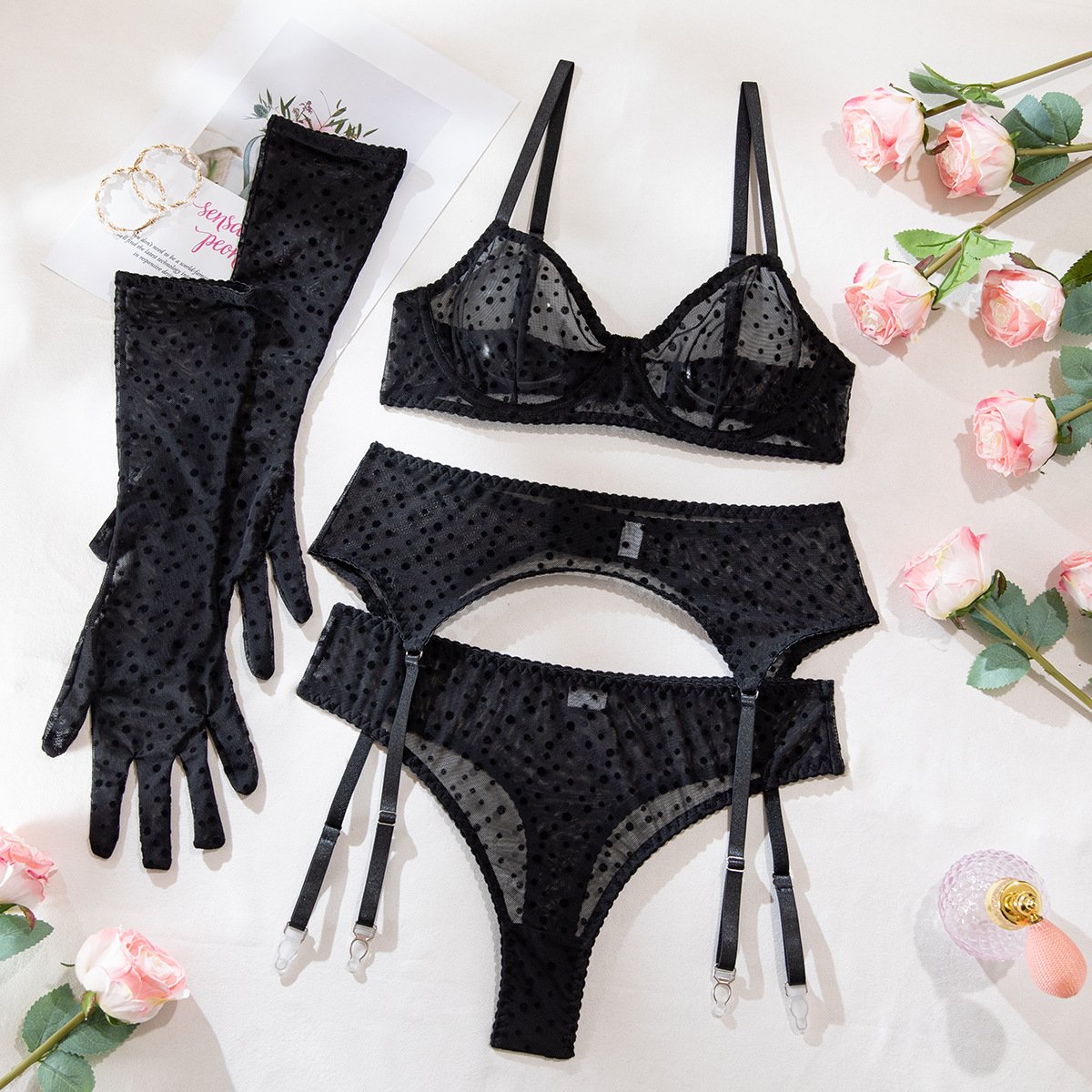 New Arrival Wholesales Attractive Women Sexy Black Sheer Garter Lingerie Set Women Sexy Underwear With Gloves