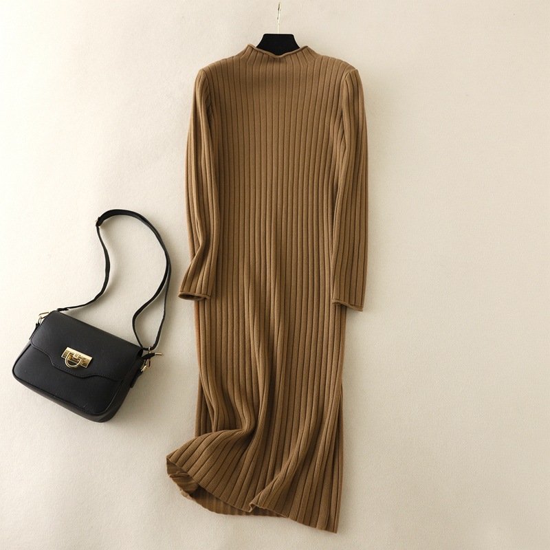 Long Sleeve Solid Dress Knitting Rib Dress Ladies Elegant Knitted Dresses Clothes