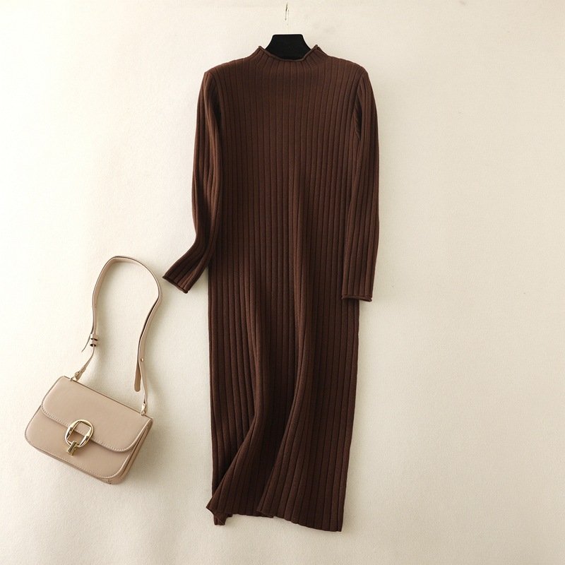 Long Sleeve Solid Dress Knitting Rib Dress Ladies Elegant Knitted Dresses Clothes