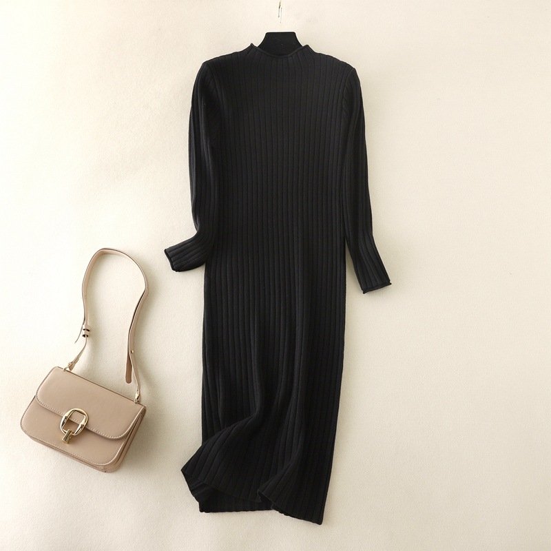 Long Sleeve Solid Dress Knitting Rib Dress Ladies Elegant Knitted Dresses Clothes