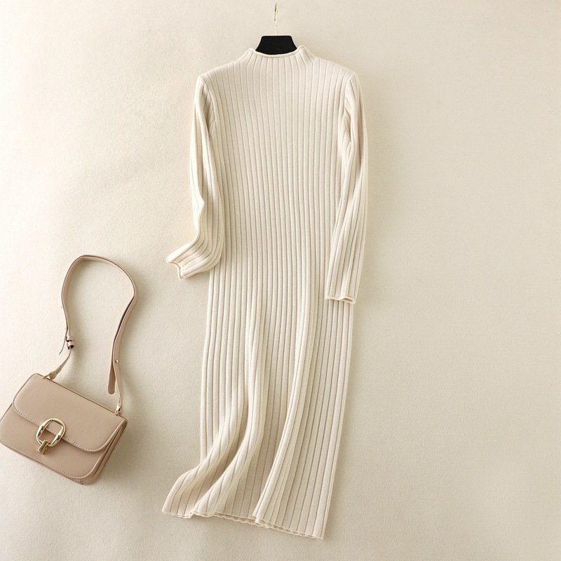 Long Sleeve Solid Dress Knitting Rib Dress Ladies Elegant Knitted Dresses Clothes