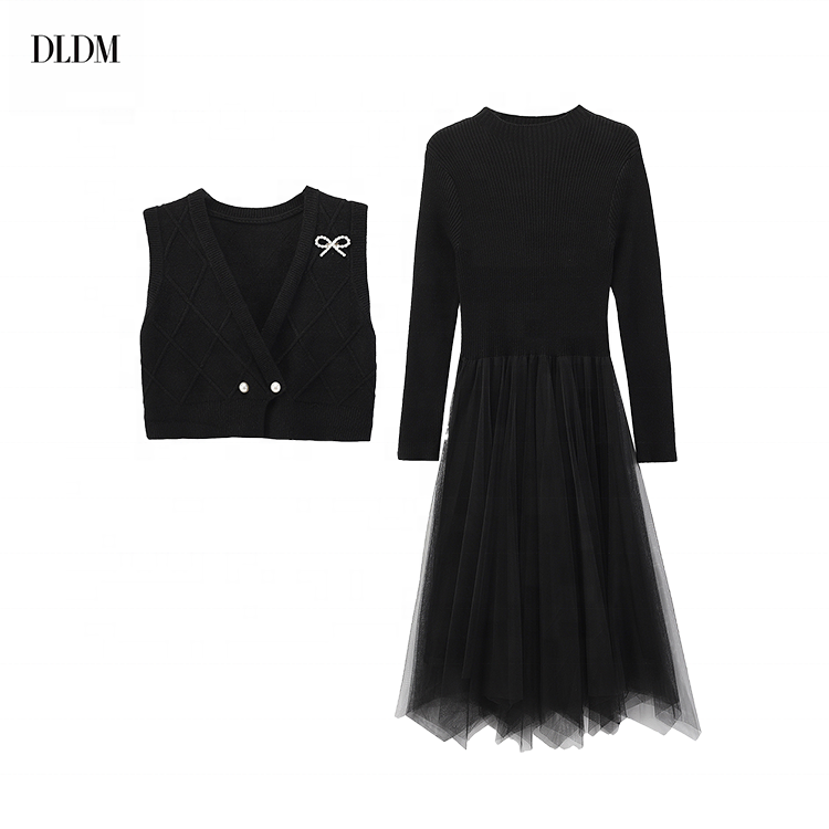 DLDM OEM&ODM Custom A-Line Long Sleeve Mock Neck Vest Match Women 2 Pieces Sets Below Knee Length Pleated Wool Knit Formal Dress