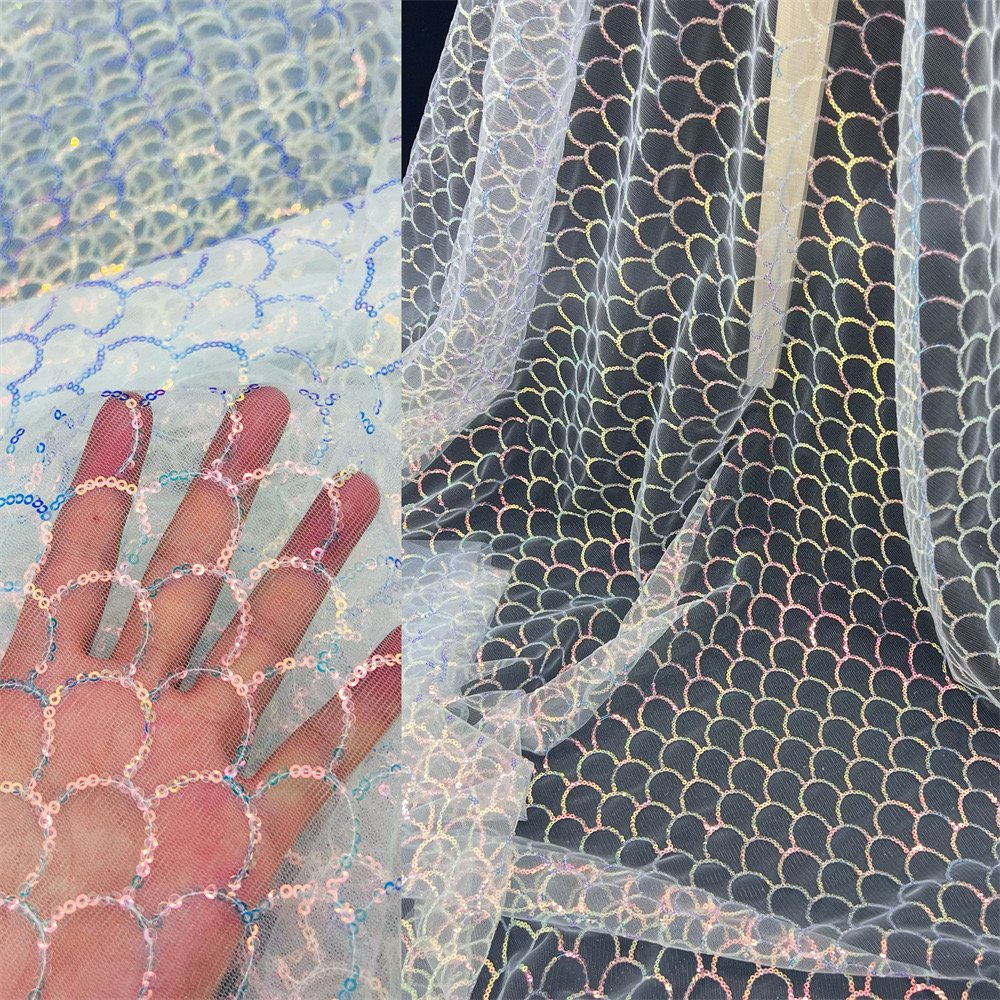 Girls Colorful Shiny Metallic Sequins Fish Scale Mermaid Fabric Polyester Glitter Sequin Embroidery Mesh Tulle Fabric