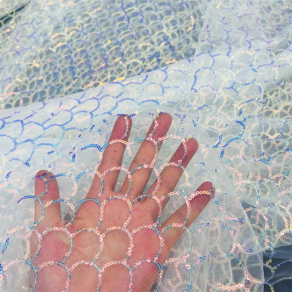 Girls Colorful Shiny Metallic Sequins Fish Scale Mermaid Fabric Polyester Glitter Sequin Embroidery Mesh Tulle Fabric