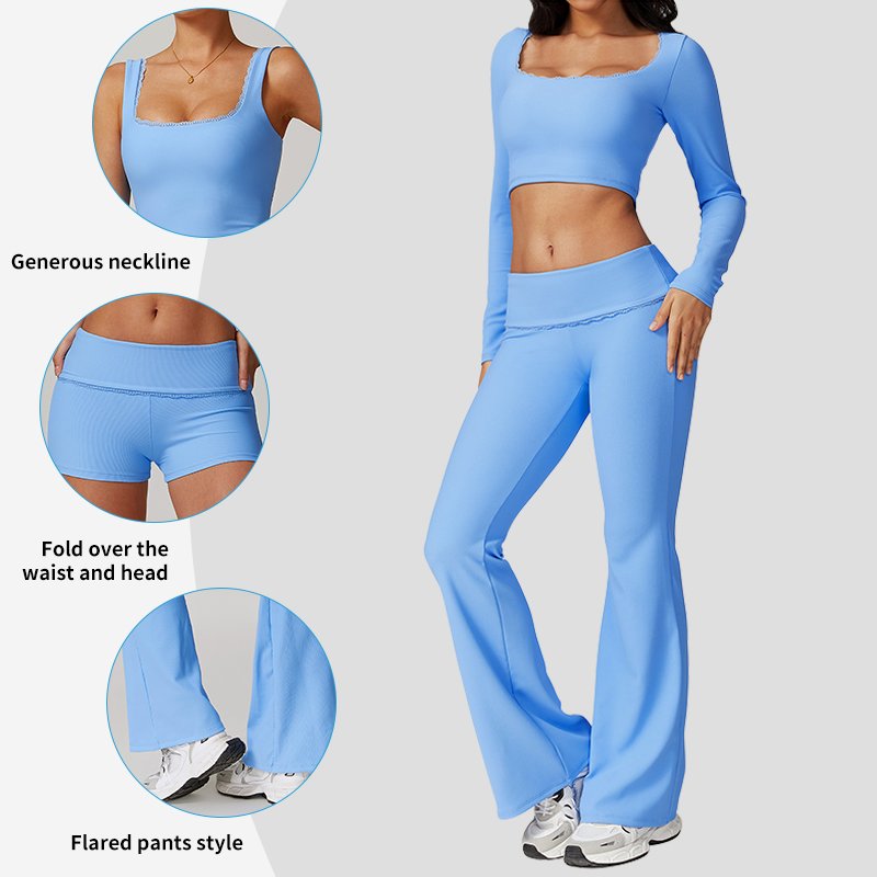 TZ8828 Women's Lace Trim Ribbed Knit Sets Square Neck Top and Yoga pants Matching 2 Piece Lounge Set Yoga Fitness Set