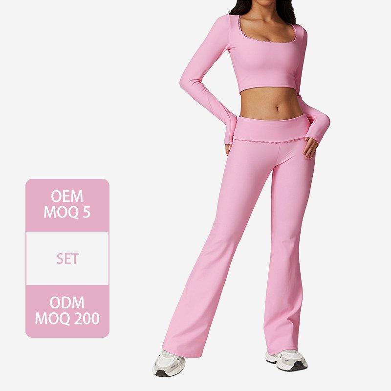TZ8828 Women's Lace Trim Ribbed Knit Sets Square Neck Top and Yoga pants Matching 2 Piece Lounge Set Yoga Fitness Set