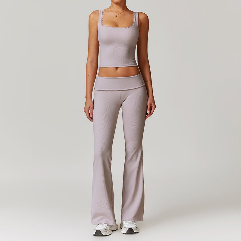 TZ8828 Women's Lace Trim Ribbed Knit Sets Square Neck Top and Yoga pants Matching 2 Piece Lounge Set Yoga Fitness Set