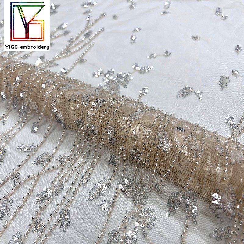 Wholesale Embroidered Tulle sequin Lace Fabric Luxury Beaded Lace Fabric For Women Wedding Dress