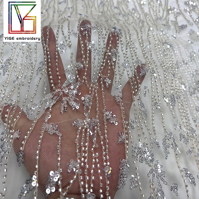 Wholesale Embroidered Tulle sequin Lace Fabric Luxury Beaded Lace Fabric For Women Wedding Dress