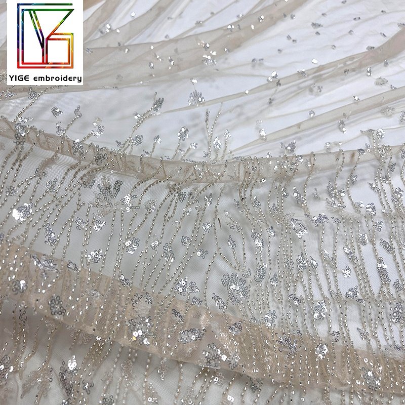 Wholesale Embroidered Tulle sequin Lace Fabric Luxury Beaded Lace Fabric For Women Wedding Dress