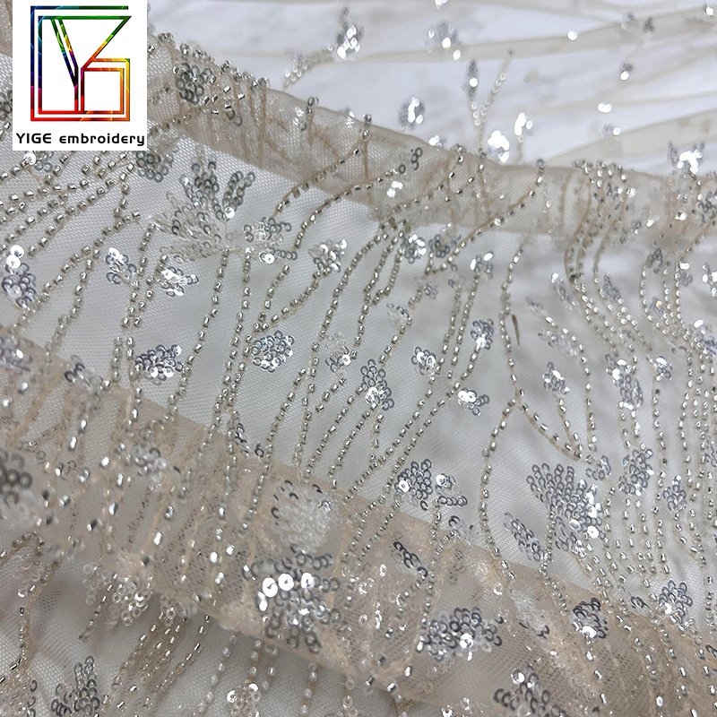 Wholesale Embroidered Tulle sequin Lace Fabric Luxury Beaded Lace Fabric For Women Wedding Dress