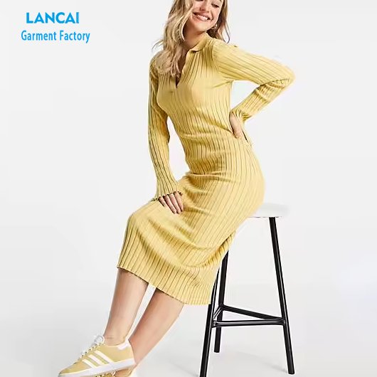 Clothing Garment Factor Custom Wholesale Womens Long Sleeve Rib Knit Dress Slit Ribbed Ladies Long Maxi Dress
