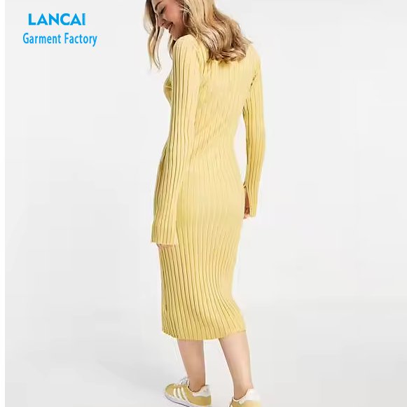 Clothing Garment Factor Custom Wholesale Womens Long Sleeve Rib Knit Dress Slit Ribbed Ladies Long Maxi Dress
