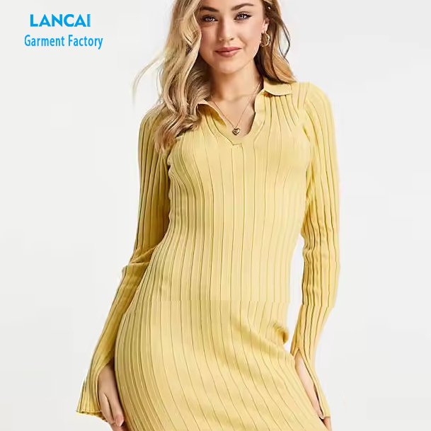 Clothing Garment Factor Custom Wholesale Womens Long Sleeve Rib Knit Dress Slit Ribbed Ladies Long Maxi Dress