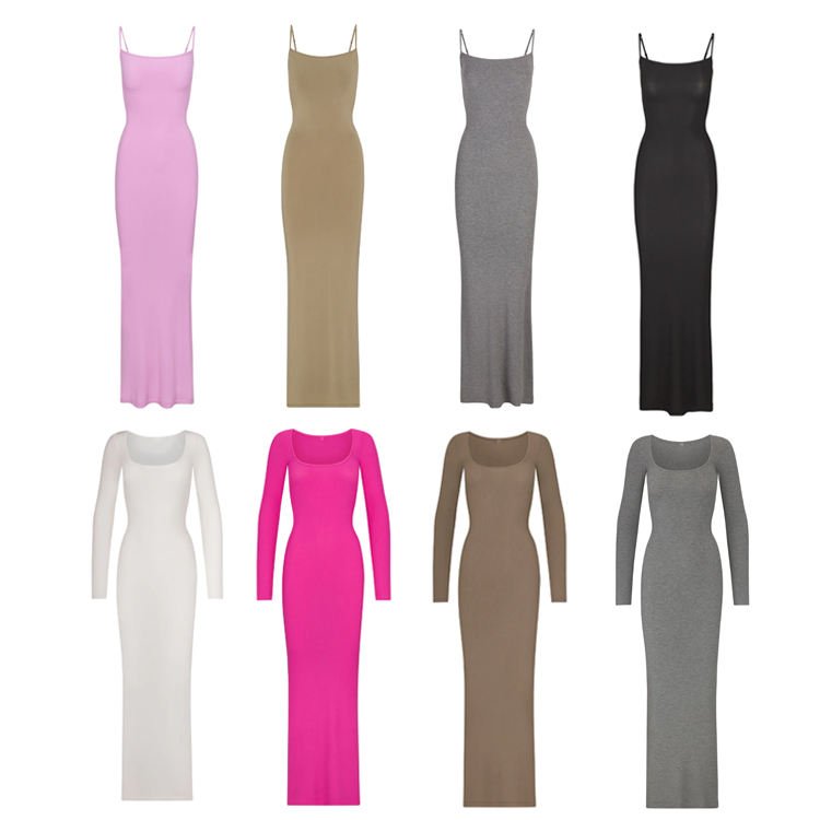 Sexy Women's Square Neck Long Sleeve Maxi Dress Soft Lounge Ribbed Bodycon Dress for Women