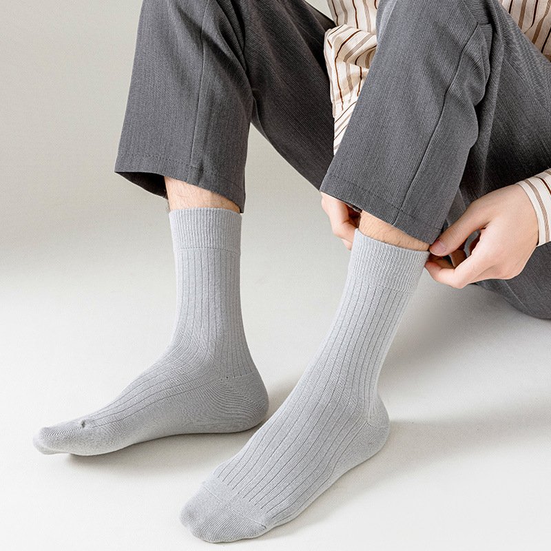 High Quality Cotton Ribbed Solid Color Dress Mens Socks Classic Black White Beige Socks For Men