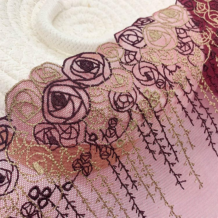 Soft dual color factory customized mesh pattern dacron embroidered flower trim lace